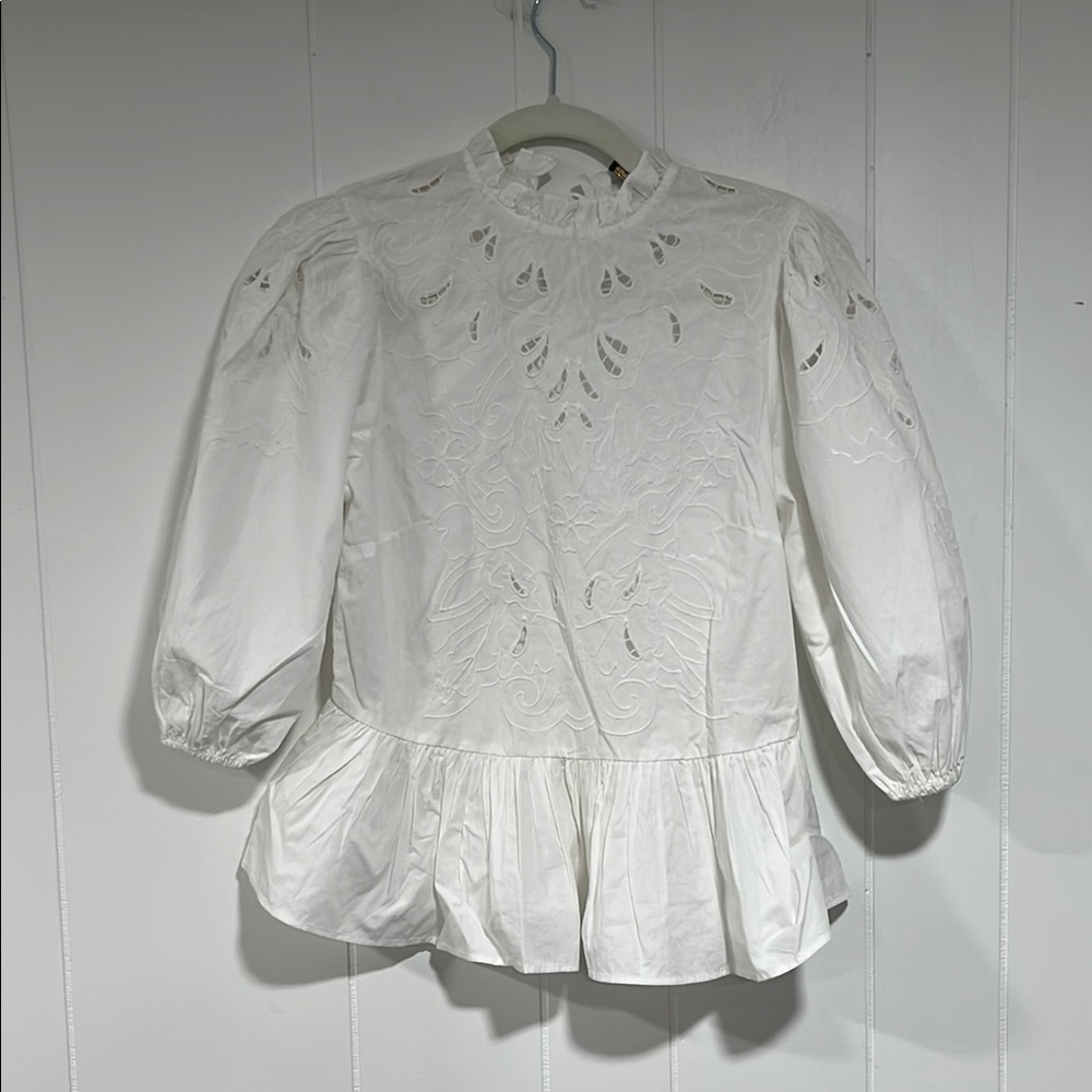 Lipsy White Peplum‎ Blouse puff  Sleeves eyelet romantic modest cottagecore